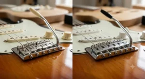 Detailed view of the high-quality Fender Stratocaster synchronised tremolo bridge compared with a Squier bridge system.