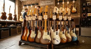 A display of premium electric guitars in a London guitar shop, featuring the best Fender Stratocaster models from the American Ultra and Performer series.