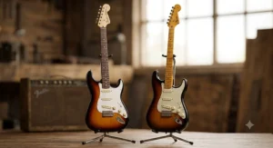 Side-by-side view of an American-made Fender Stratocaster and a Squier Classic Vibe Stratocaster in sunburst finish.