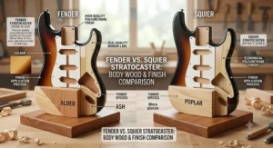 Diagram showing the difference in body wood and polyurethane finish between Fender and Squier Stratocaster models.