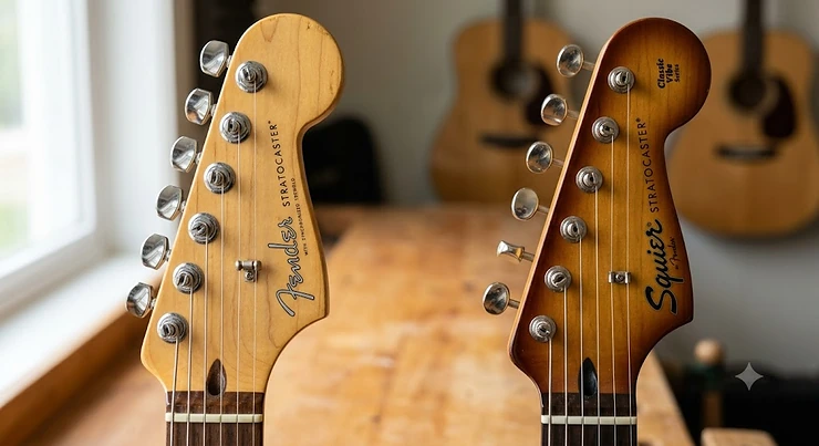 Close-up comparison of a Fender Stratocaster headstock with the classic spaghetti logo and a Squier Stratocaster headstock.