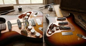An internal view of the single-coil pickups and control pots of a Fender Stratocaster versus a Squier Stratocaster.