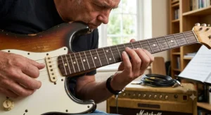 A close-up of a guitarist practicing fingerstyle blues techniques on a Stratocaster fretboard.