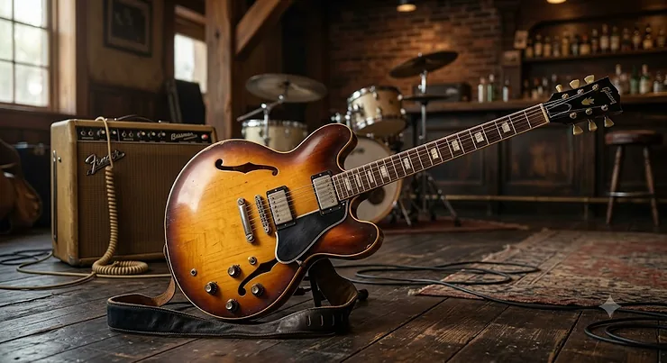 Sunburst Gibson ES-335 electric guitar, widely regarded as the best semi-hollow for blues tone and expression.