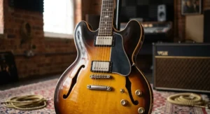 Close-up of a vintage Gibson ES-335 sunburst finish, widely considered the best semi-hollow guitar for jazz tone