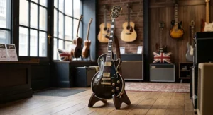 A high end Gibson Les Paul Custom electric guitar in ebony with gold hardware on display in a UK guitar shop