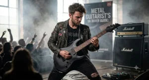 British metal guitarist performing on stage with a modern 7 string guitar.