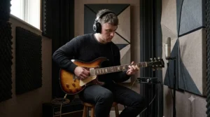 A British guitarist wearing studio headphones playing an electric guitar for recording a rock track in a soundproofed booth.