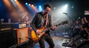 A British guitarist performing live on stage under spotlights with a sunburst Gibson Les Paul