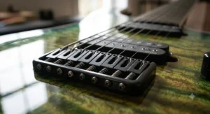 Close-up of a 7-string guitar hardtail bridge and saddles supporting a low B string tuning.