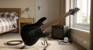 Custom hardtail bridge assembly on an 8 string guitar ensuring precise low-end intonation