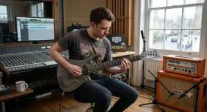 Guitarist playing an Ibanez 7-string electric guitar during a recording session in a UK music studio.