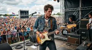 An indie rock guitarist performing outdoor with a classic gigging electric guitar at a UK summer music festival.