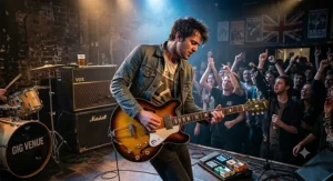 Guitarist performing live on stage at a London gig venue playing a Sunburst semi-hollow guitar