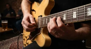 Close-up illustration of a musician's hands playing extended jazz chords on a semi-hollow guitar fretboard
