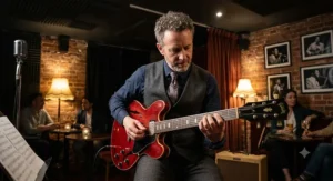 Guitarist performing smooth jazz chords on a semi-hollow body electric guitar in a London jazz venue