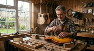 A British luthier meticulously assembling the hardware on a bespoke professional electric guitar in his workshop.