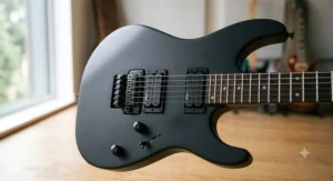Close-up of a modern matte black electric guitar under 400 pounds featuring dual humbucker pickups for rock and metal music.