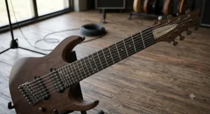 Detailed illustration of a multi-scale 8 string guitar featuring fanned frets for optimal string tension