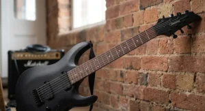 Multiscale fanned fretboard on a modern 7 string guitar designed for heavy metal riffing and solos.
