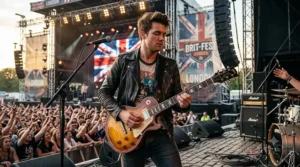 A British musician playing a professional electric guitar live on stage at a UK music festival.