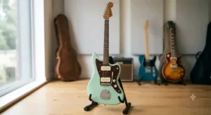 An offset body electric guitar under 400 pounds in surf green, ideal for British indie rock and alternative music styles.