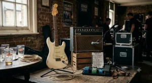 An Olympic White Stratocaster for blues setup backstage ahead of a British pub gig.