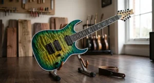 High-end custom shop 7-string extended range guitar featuring a striking figured wood finish.