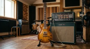 A high-end professional electric guitar connected via cable to a British boutique valve amplifier.