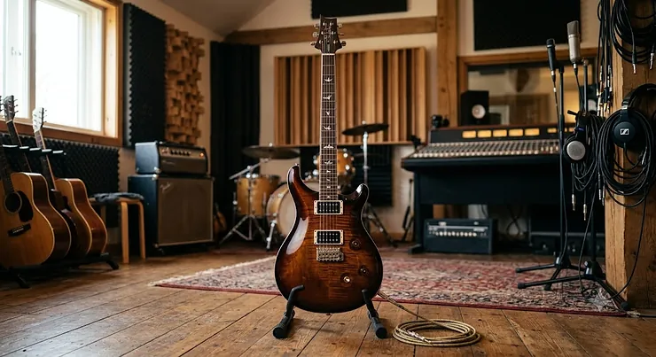 A professional electric guitar resting on a stand inside a British recording studio live room.