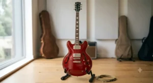 A vintage style semi-acoustic hollow body electric guitar under 400 pounds, suitable for jazz, blues, and Britpop.