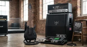 A 7 string guitar for metal connected to a modern high-gain tube amplifier and pedalboard.