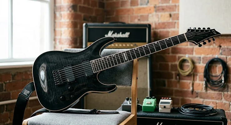 Sleek double-cutaway seven string guitar for metal music with high-output active pickups.