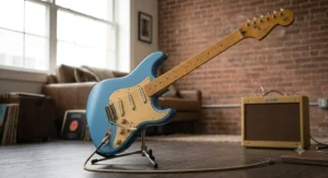 Squier 40th Anniversary Stratocaster Vintage Edition in Satin Sonic Blue with aged chrome hardware, a top contender for the best Squier Stratocaster.