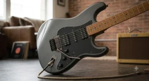 Close-up of a Squier Affinity Stratocaster HSS in Slick Silver, highlighting the humbucker pickup configuration for a heavier rock tone.