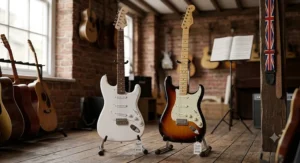 A budget-friendly Squier Bullet Stratocaster next to a mid-range Fender Player Series Stratocaster in a UK guitar shop.