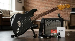 A Squier Sonic Stratocaster pack in black, featuring a practice amplifier and accessories, ideal for beginners starting their guitar journey.