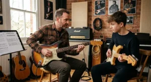An instructor demonstrating how to play the blues scale on a Stratocaster guitar during a UK music lesson.