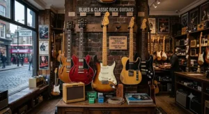 A display of electric guitars, featuring a Stratocaster for blues, in a traditional London guitar shop.