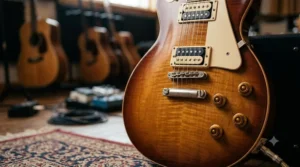 Close-up shot of a classic sunburst professional electric guitar showing the volume controls and pickups.