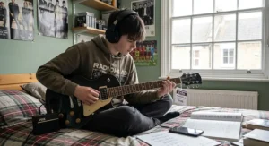 A British teenager sitting on a bed in a UK bedroom, learning to play a budget electric guitar under 150 pounds plugged into a headphone amp.