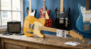 A butterscotch blonde Telecaster style electric guitar, a popular and versatile model for British indie and blues players on a budget.