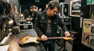 A British musician tuning a gigging electric guitar backstage before performing a live set.