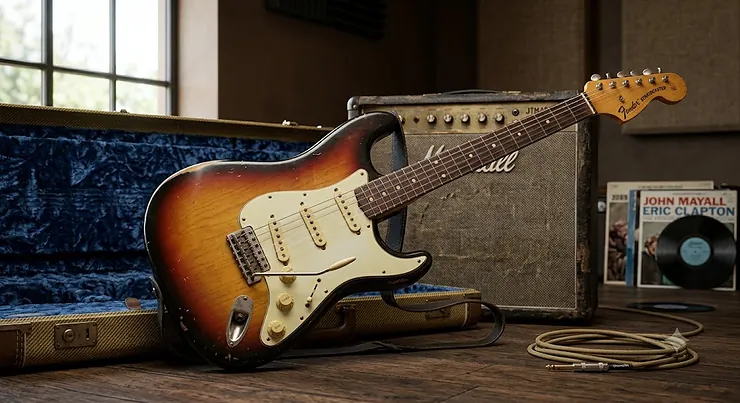 A vintage sunburst Fender Stratocaster guitar, ideal for playing classic British blues rock music.