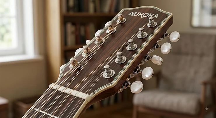 Close-up of the distinctive headstock and twelve chrome tuning pegs on a 12-string acoustic guitar.
