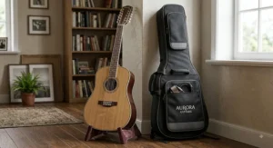 A natural finish 12-string acoustic guitar resting beside its protective padded gig bag.