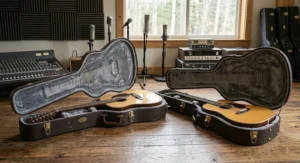 A 12-string acoustic guitar and a 6-string guitar placed inside protective hard cases in a music studio.