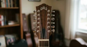 Close-up of a 12-string acoustic guitar headstock showing twelve chrome tuning pegs arranged in two rows of six.