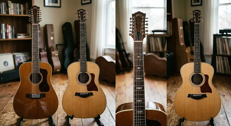 Side by side comparison of a 12-string and a 6-string acoustic guitar showing the headstock and neck width differences. 12 string vs 6 string guitar