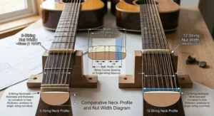 Diagram highlighting the wider nut width and neck profile of a 12-string guitar compared to a 6-string guitar.